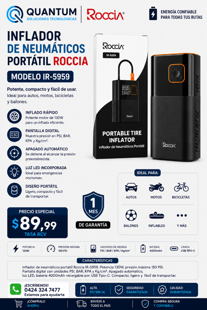 INFLADOR DE NEUMATICOS 130W PORTATIL IR-5959 MARCA ROCCIA