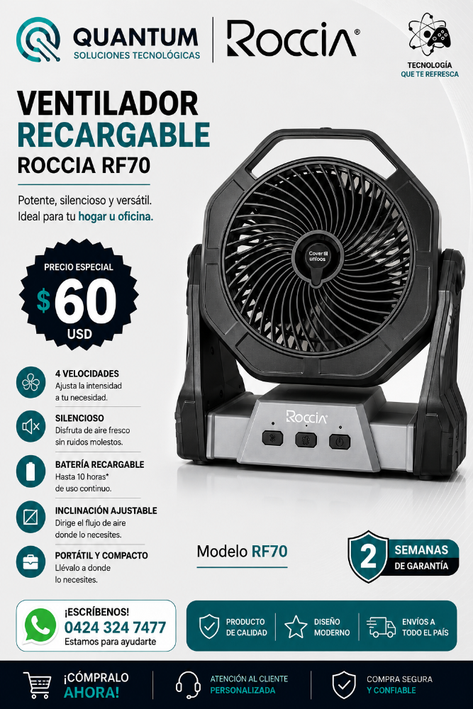 VENTILADOR RECARGABLE CON ROCIADOR RF70 ROCCIA