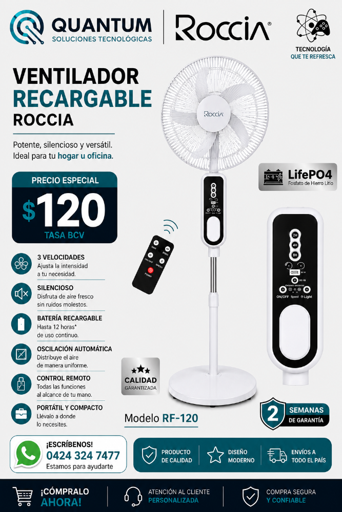 VENTILADOR RECARGABLE 16" MARCA ROCCIA
