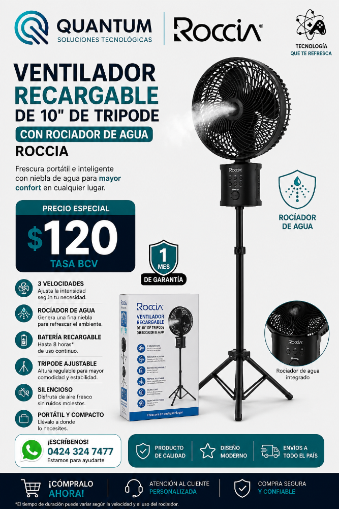 VENTILADOR RECARGABLE DE 10" DE TRIPODE CON ROCIADOR DE  AGUA ROCCIA