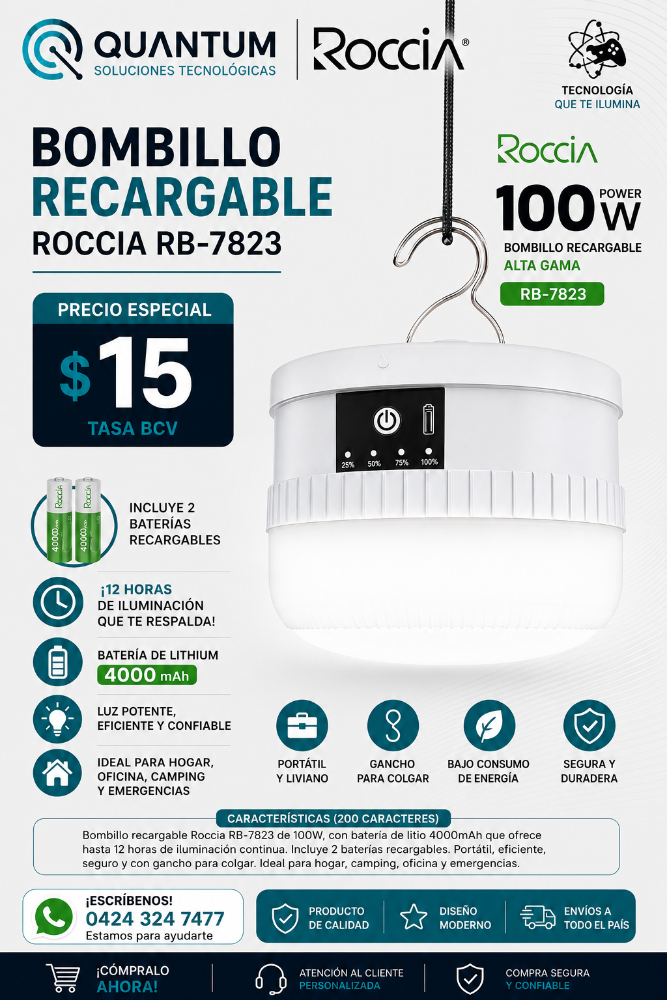 BOMBILLO RECARGABLE 100W 4000MAH RB7823 MARCA ROCCIA