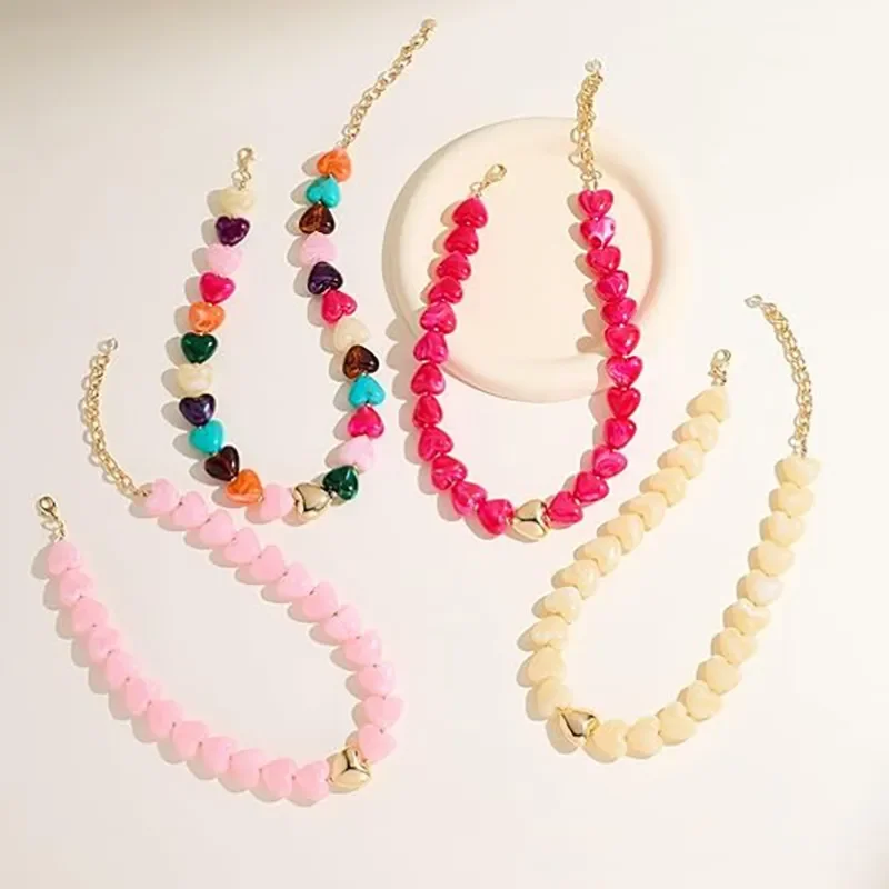 CH 32 - COLLAR DE RESINA CON CADENA DE CUENTAS EN FORMA DE CORAZÓN PARA MUJER, ESTILO BOHEMIO