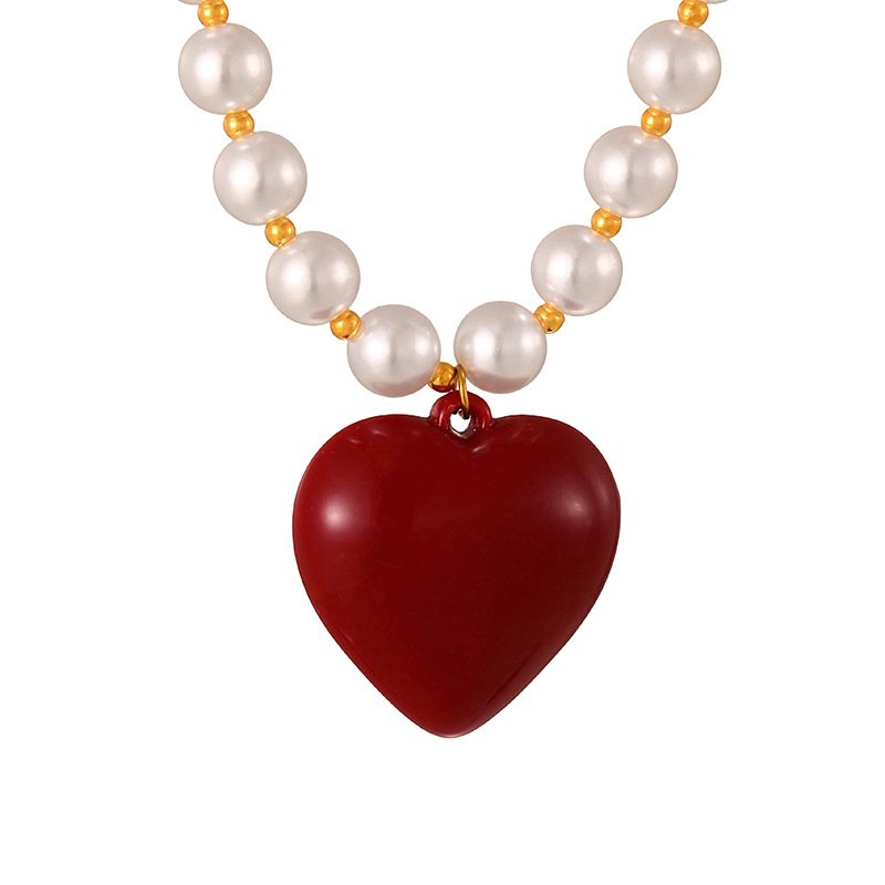 CH 100 - COLLAR PARA MUJER DE ACERO TITANIO CON ESMALTE ROJO Y COLGANTE DE PARAMA DE CORAZÓN PERLAS BLANCAS