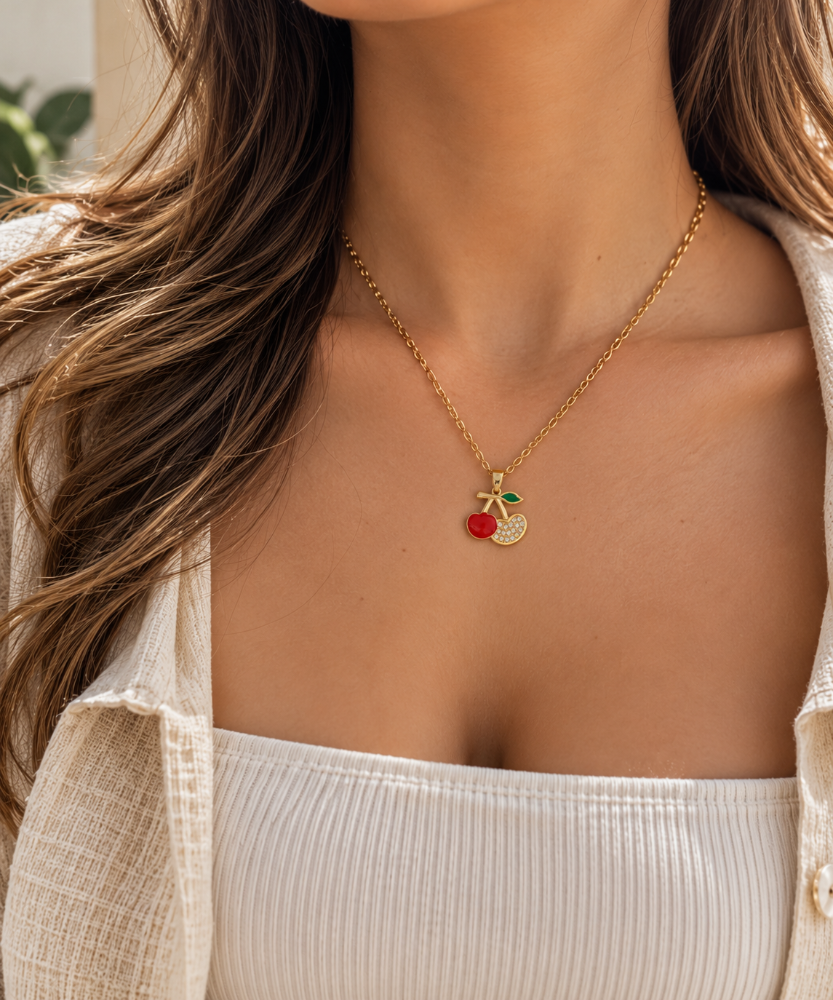 CH 327 - CADENA PORTACABLES DE ACERO TITANIO CON COLGANTE EN PATRÓN CEREZA PARA MUJER