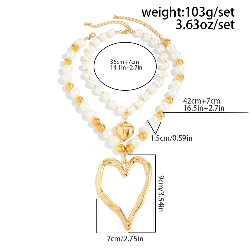 CH 24 - COLLAR CON COLGANTE DE CORAZÓN GRANDE VOLCÁNICO, CADENA DE CLAVÍCULA CON PERLAS DE IMITACIÓN Y CUENTAS CCB
