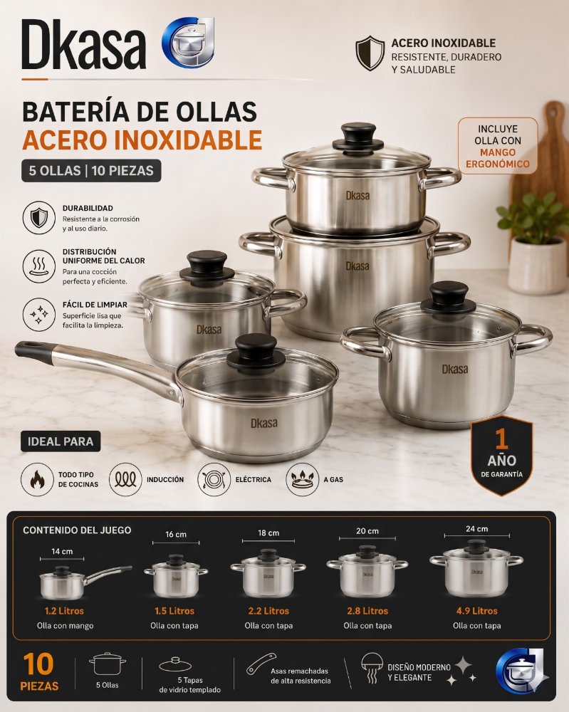 Batería D -kasa en Acero inoxidable 5 ollas (10 piezas)