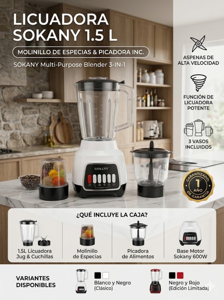 Licuadora Sokany 3-en-1 | Potencia y Versatilidad en tu Cocina