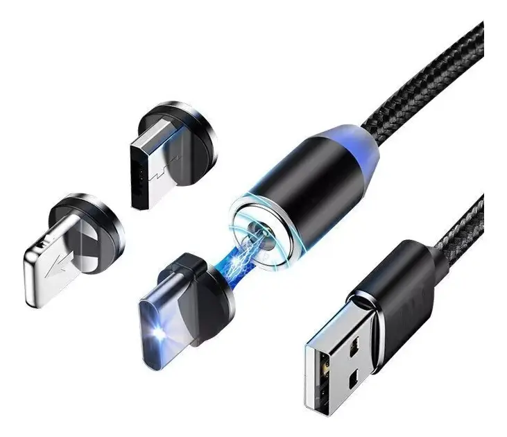 Cable Usb Magnet 3en1 Micro Usb Type Usb C Y Para Lightning Color Negro