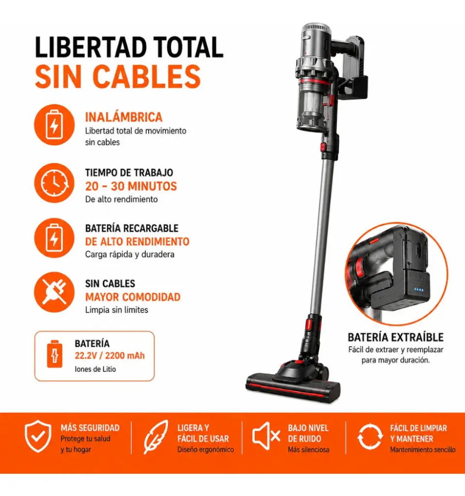 Aspiradora Inalámbrica Vertical Con Accesorios Y Luz 25*110cm