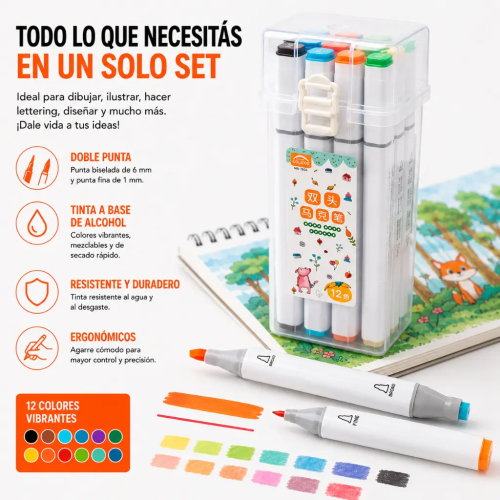 Marcadores 12 Lápices Colores Tipo  Doble Punta