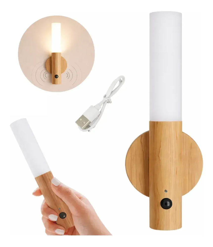 Lámpara Luz Pared Noche Recargable Usb Sensor Movimiento Simil Madera