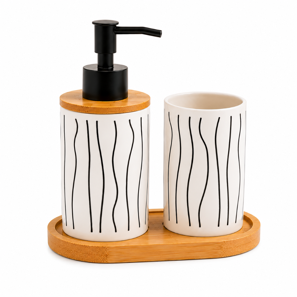 Set De Accesorios De Baño 3 Piezas En Lineas Negras Blanco