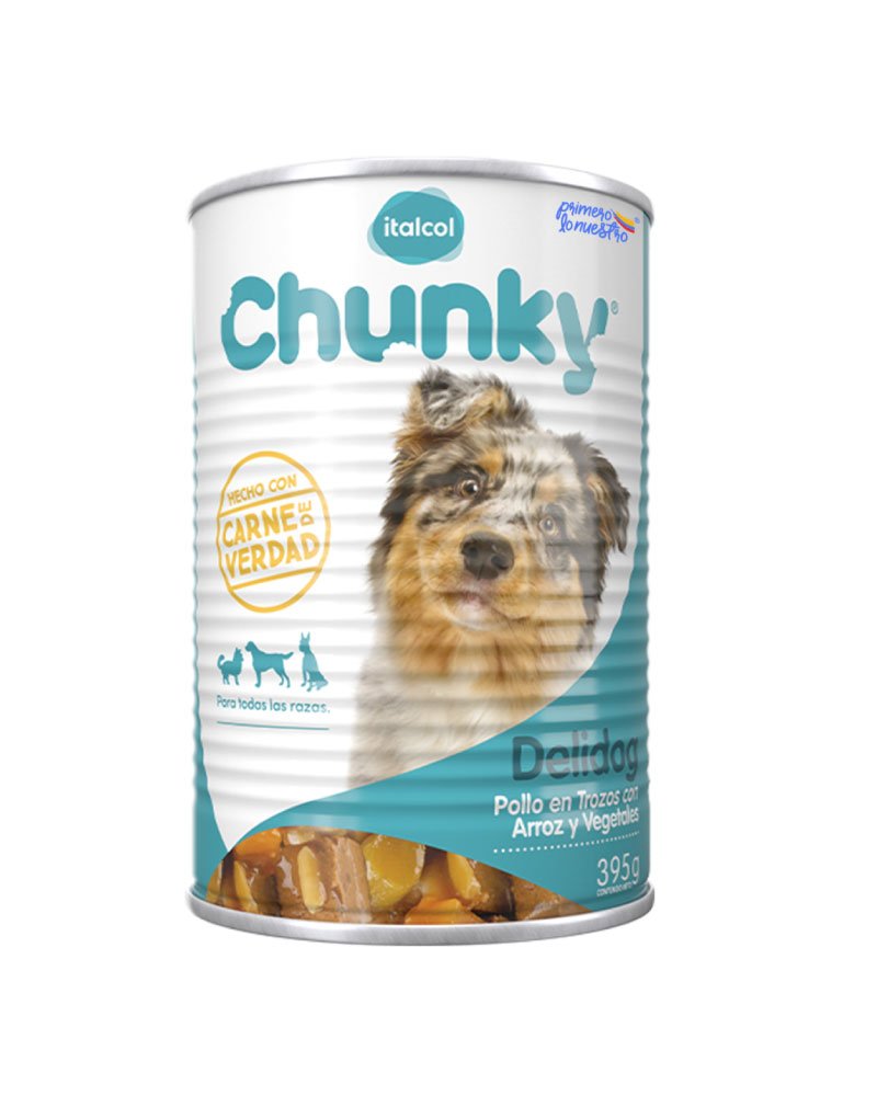 Chunky DeliDog lata Pollo en trozos Vegetales y Arroz