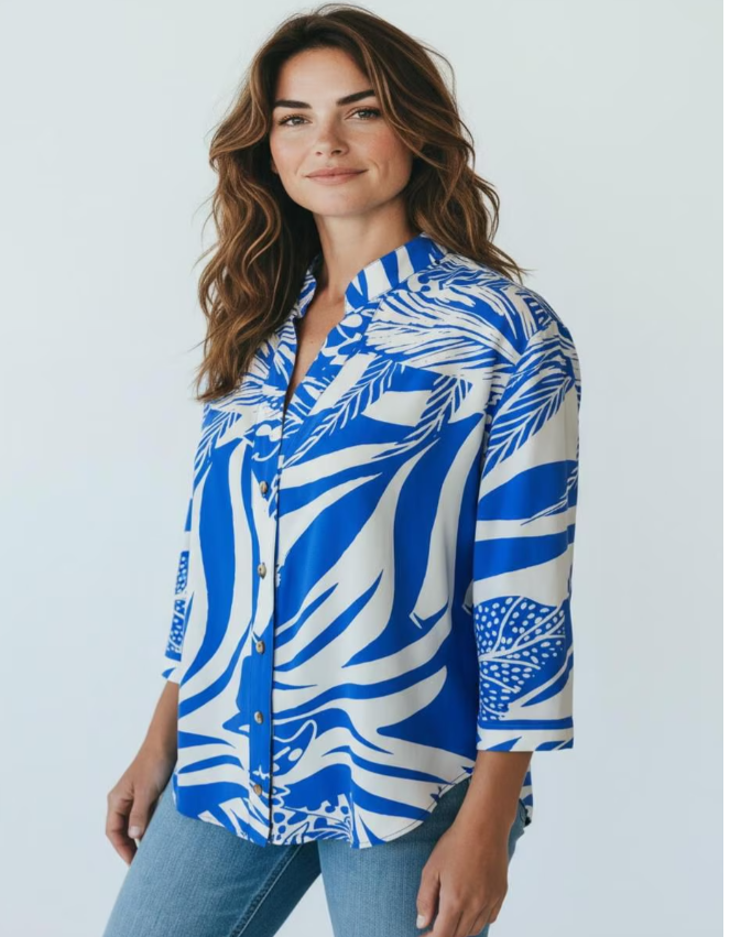 Blusa MERKABÁ Modelo 1007 Blanco c/azul