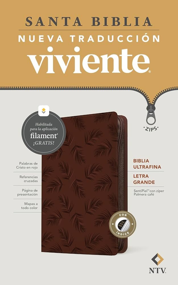 Biblia ultrafina NTV, letra grande con Filament, Palmera café con zipper
