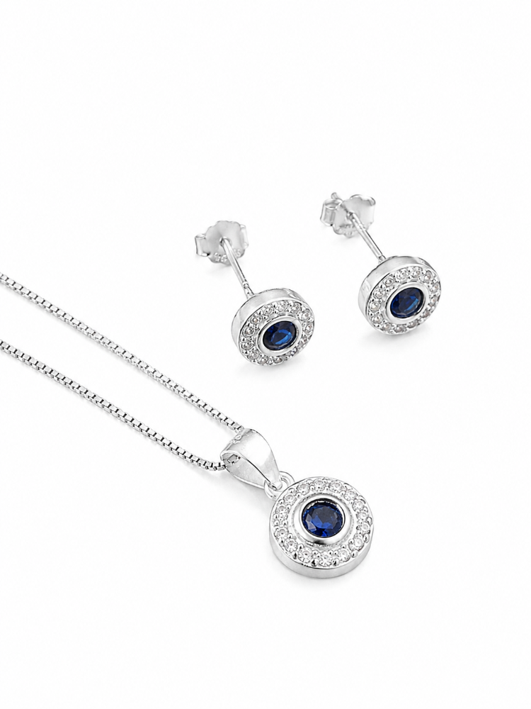 Conjunto Halo Azul, Cadena + Aretes + Dije Plata Ley 925