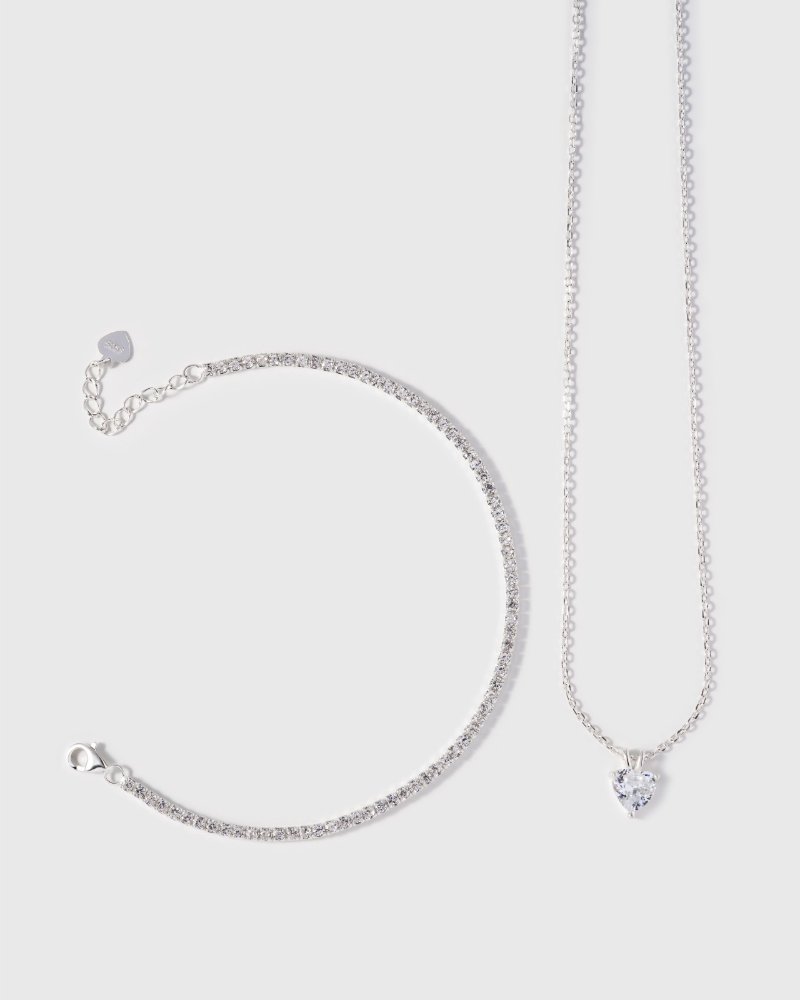 Combo Corazón Brillante + Pulsera Tennis en Plata Ley 925