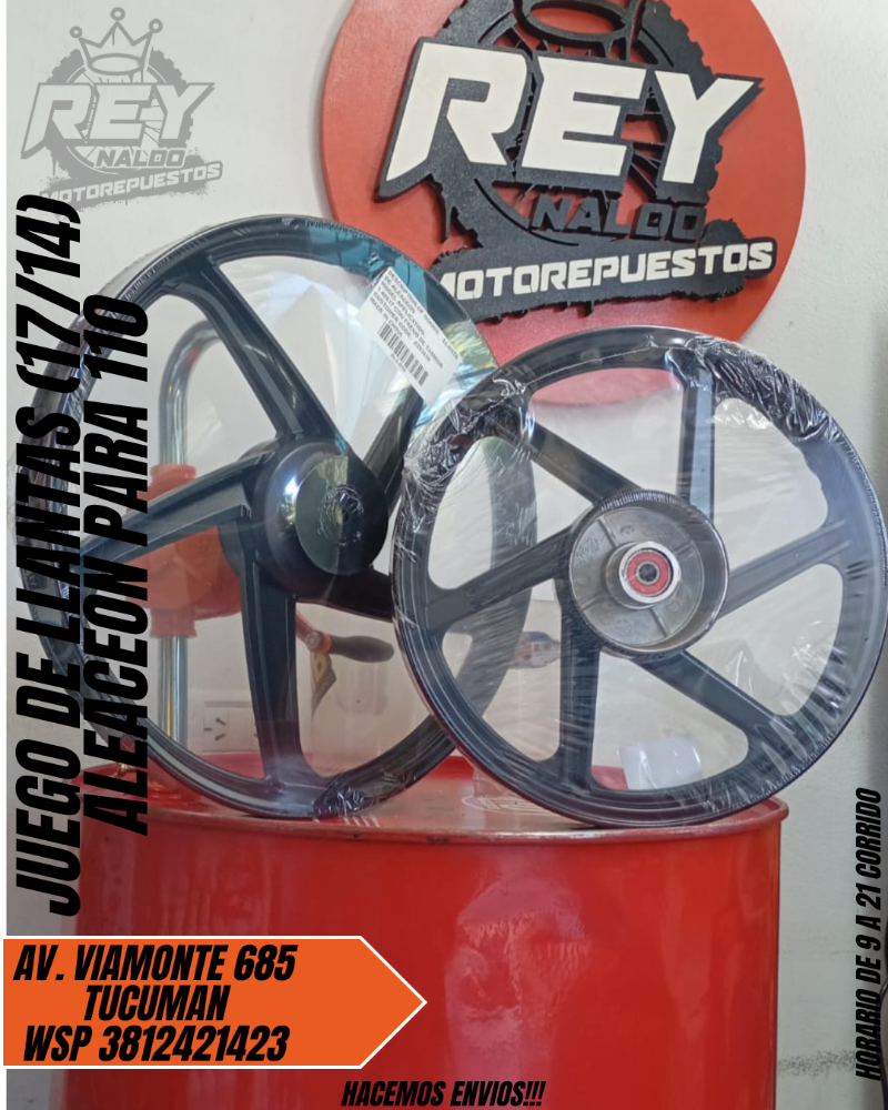 JUEGO DE LLANTAS DE ALEACEON 17/14 FRENO A TAMBOR PARA 110 - REY MOTOREPUESTOS