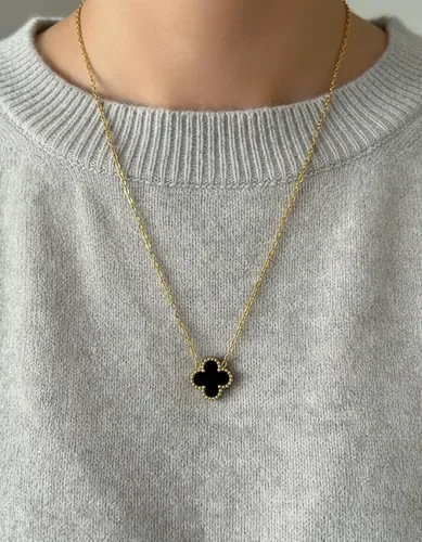 Collar Trebol Negro acero dorado