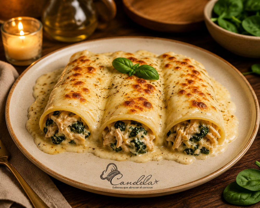 Canelones de pollo con espinaca