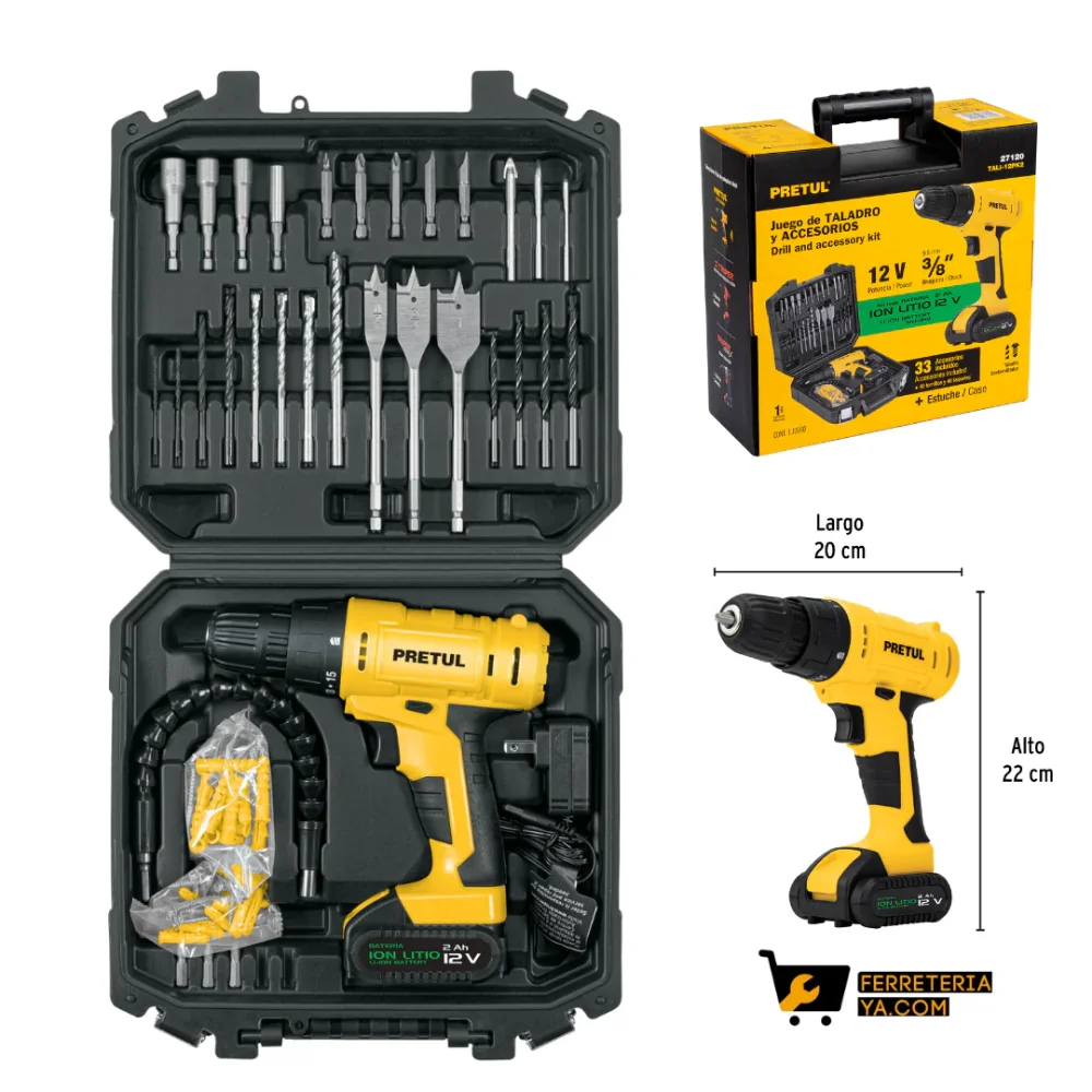 KIT TALADRO DETORNILLADOR 3/8" 12V PRETUL