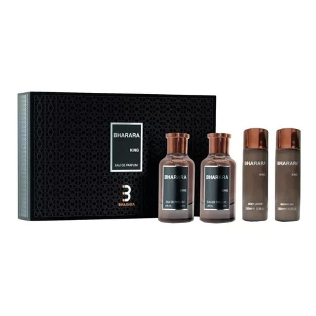 Contiene: Perfume Bharara King EDP 100mL Gel de Ducha Bharara King 150mL Loción Corporal Bharara King 150mL Gel Post Afeitado Bharara King 100mL