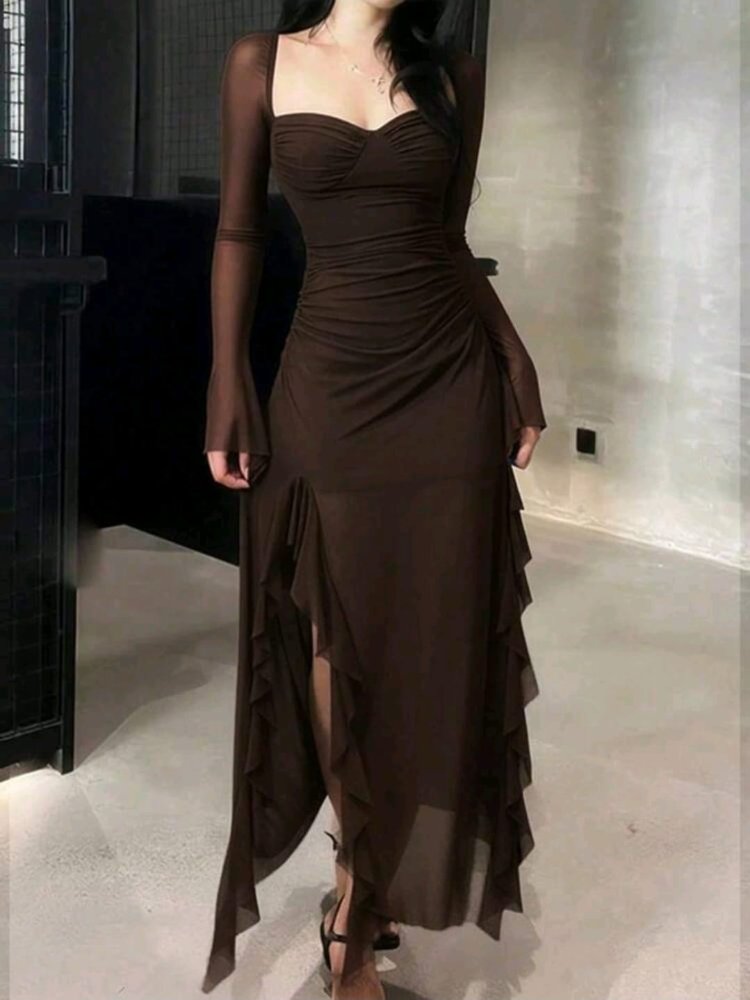 VESTIDO DE MALLA COLOR MARRON
