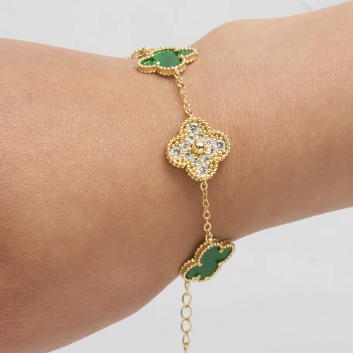 Pulsera Trébol Clov Piedra Verde Circones Dorado Rodinado