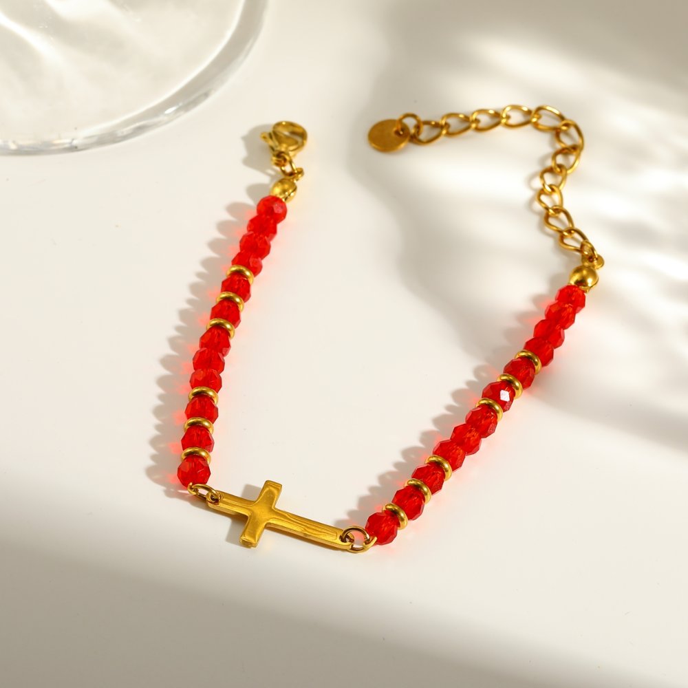 Pulsera Balines Esenciales Acero cruz rojo