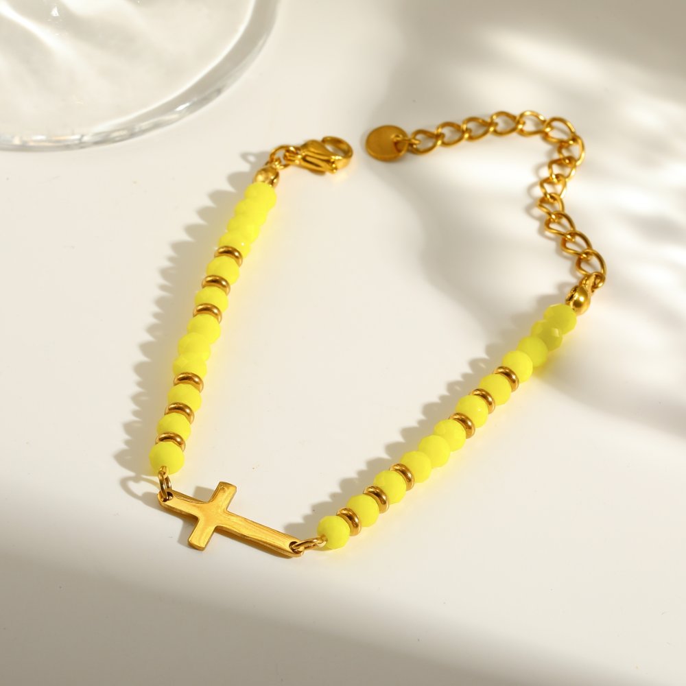 Pulsera Balines Esenciales Acero cruz amarillo