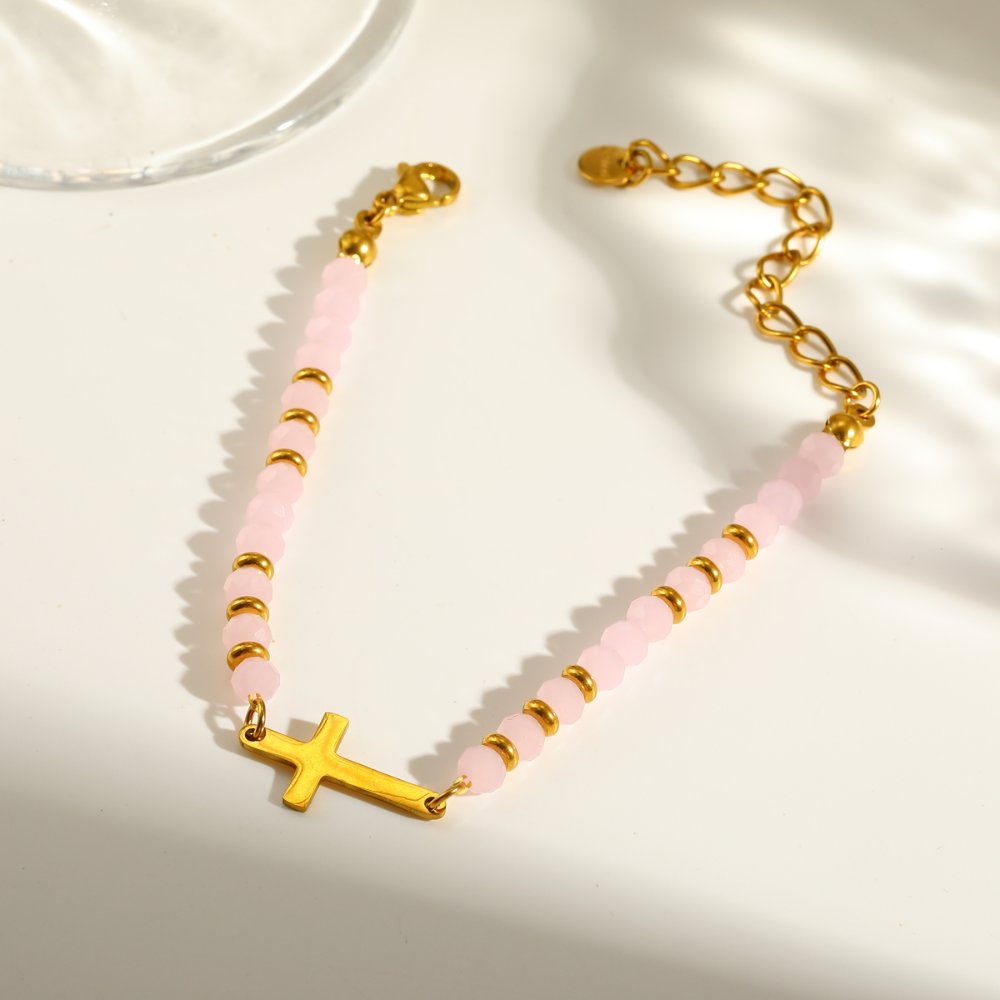 Pulsera Balines Esenciales Acero cruz rosa