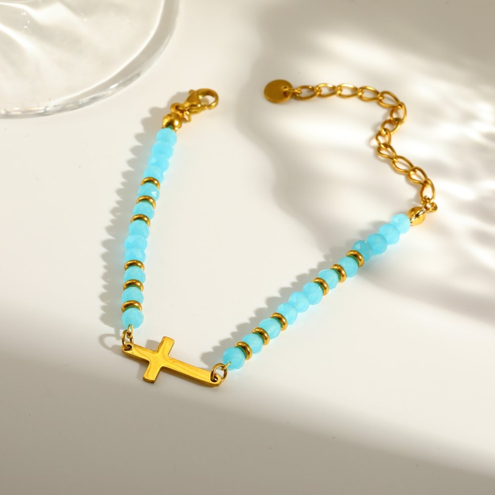 Pulsera Balines Esenciales Acero cruz azul turquesa