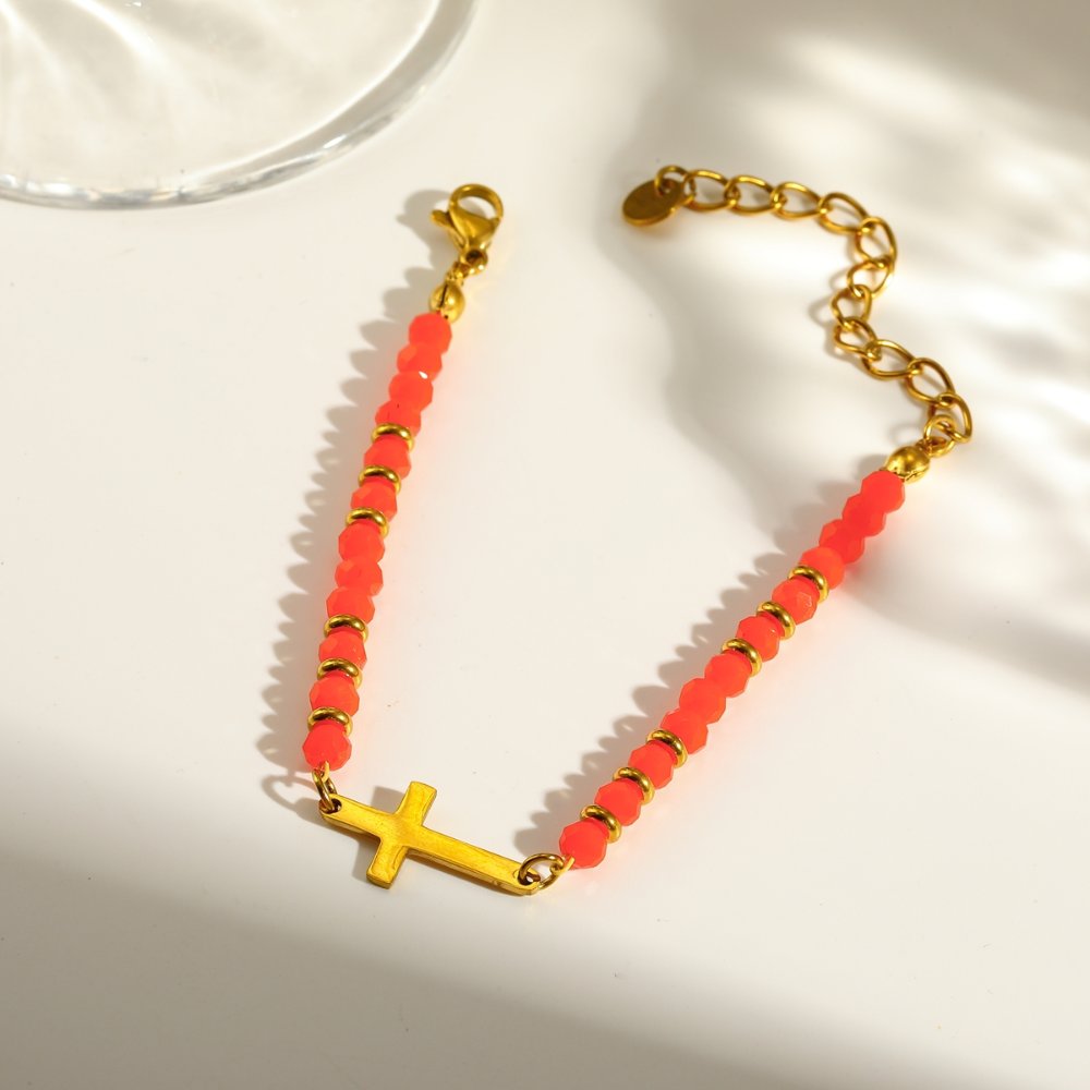 Pulsera Balines Esenciales Acero cruz naranja