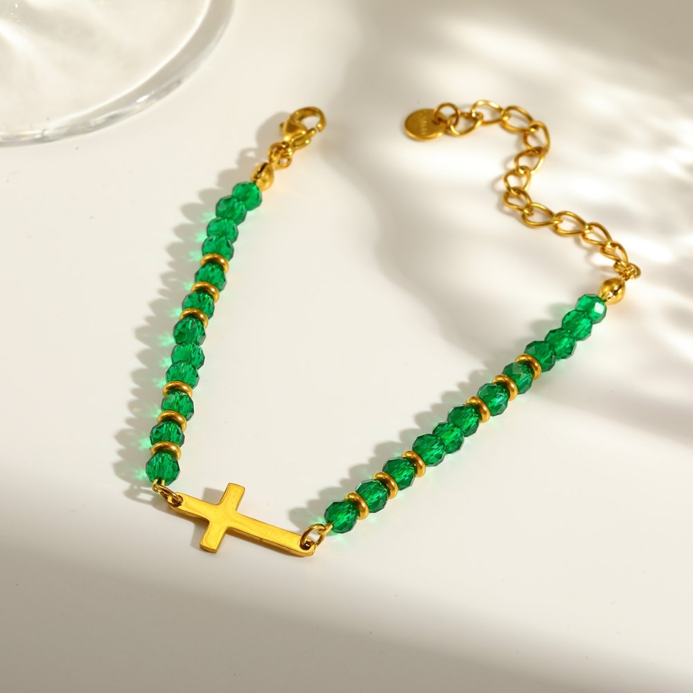 Pulsera Balines Esenciales Acero cruz verde