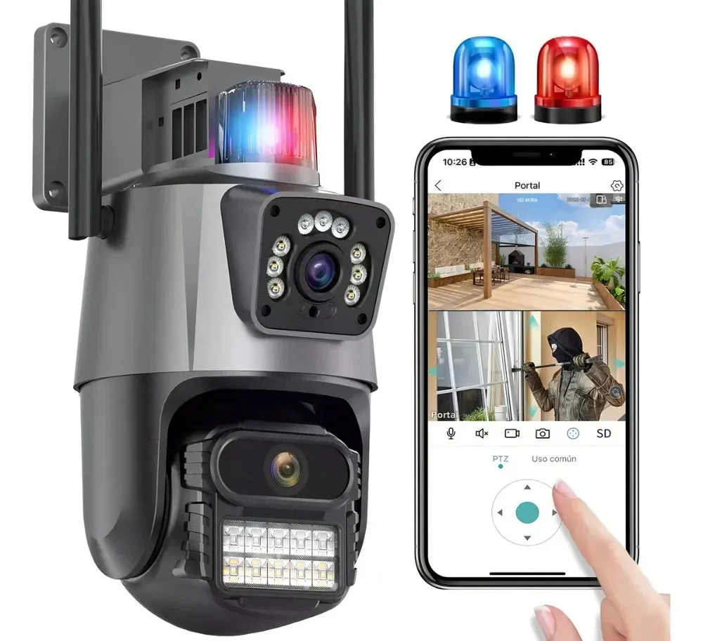 Cámara robótica PTZ doble lente  con alarma V380 Pro con memoria 64GB - Incluye instalación