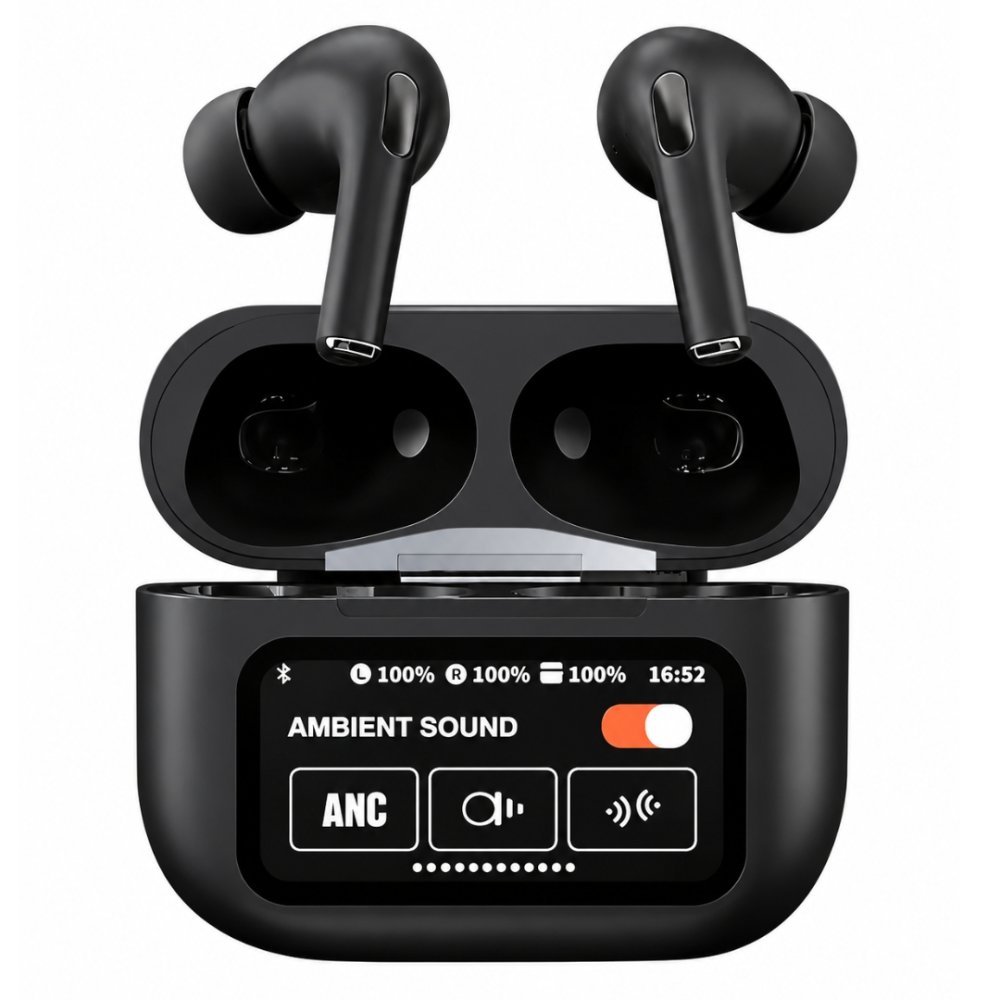 Airpods Audífonos Negros Auriculares Tws Anc Con Pantalla