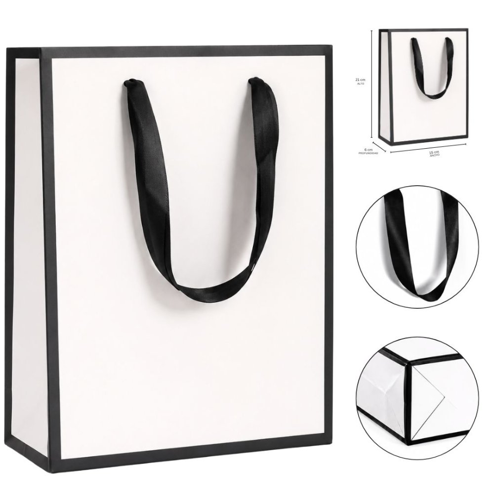 Bolsa De Regalo Negra Blanco Con Blanco Mediana