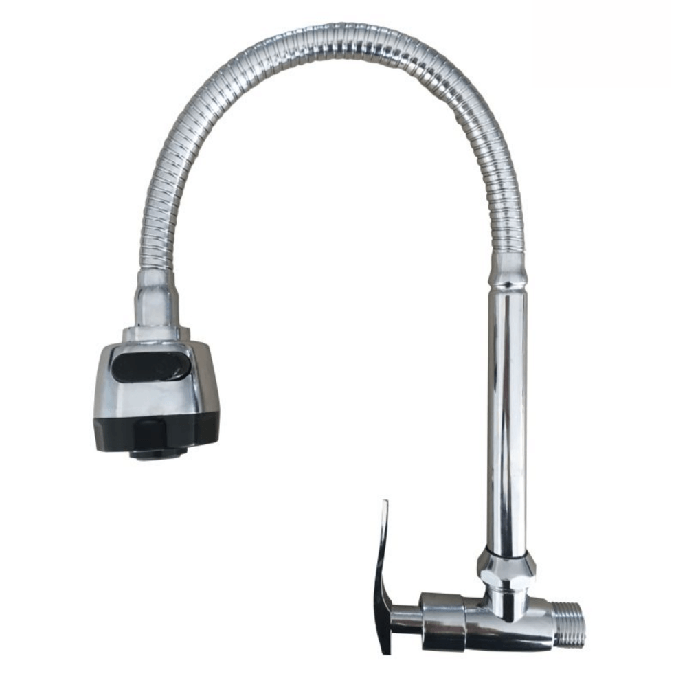 Llave de lavadero pico ganzo flexible para pared cromada