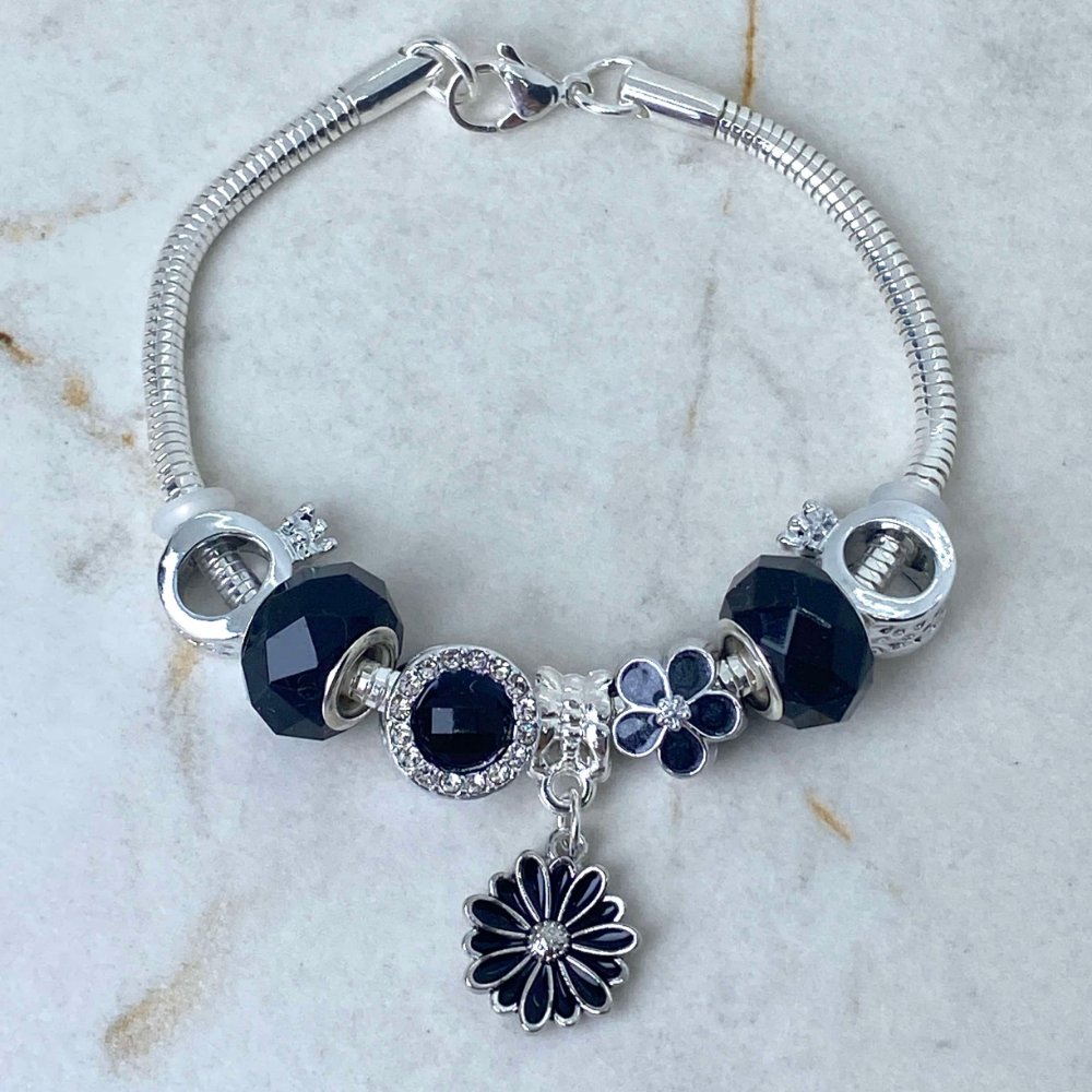 Pulsera Acero blanco estilo Pandora - Flor Negra