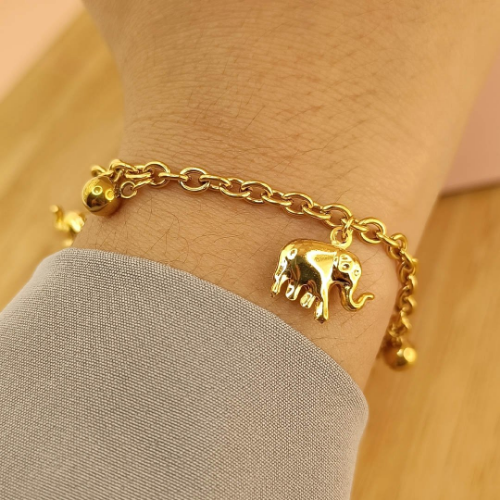 Pulsera Dorada - Dije Elefante con Bolitas