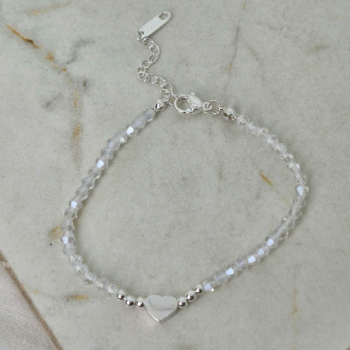 PULSERA ACERO BLANCO CON BOLITAS Y CORAZON - CRISTALES TRANSPARENTES