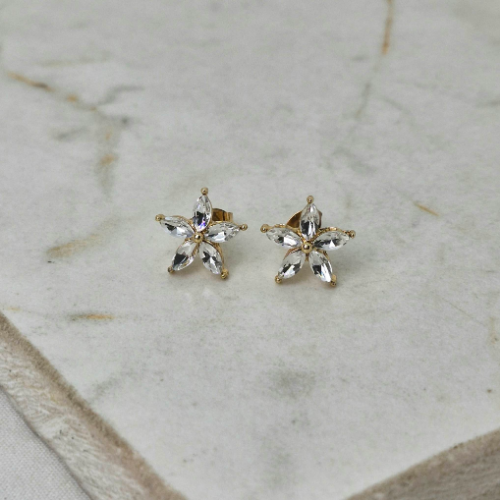 Aros acero dorados flor si cristal - blanca