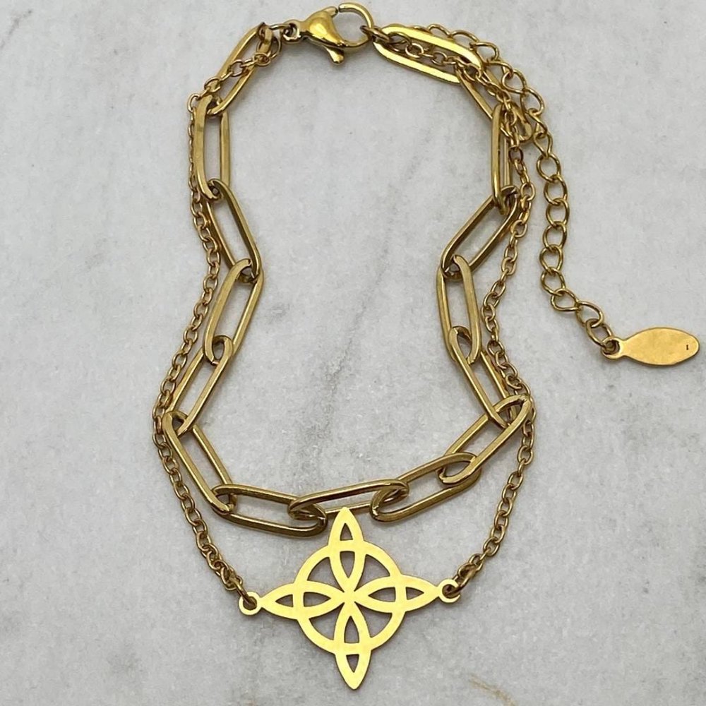 Pulsera doble cadena forcet y nudo de bruja- acero dorado