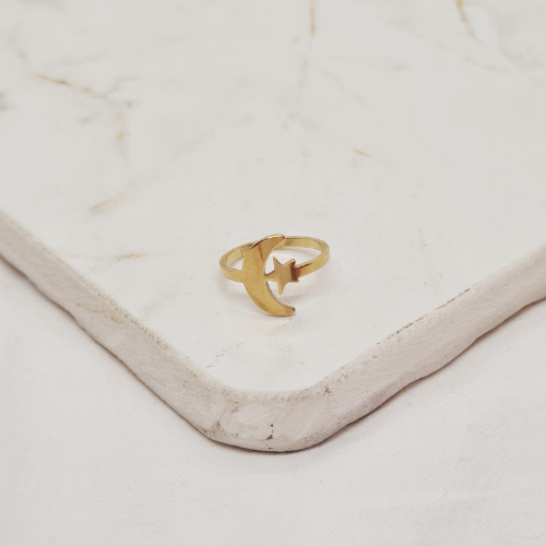 Anillo acero dorado-Luna con estrella
