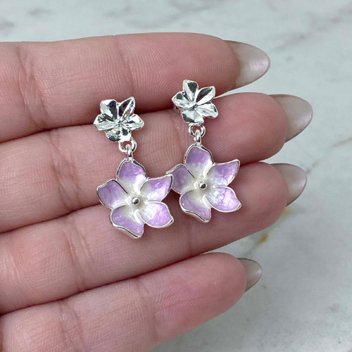 Aros acero blanco flor lisa con flor colgante - Lila