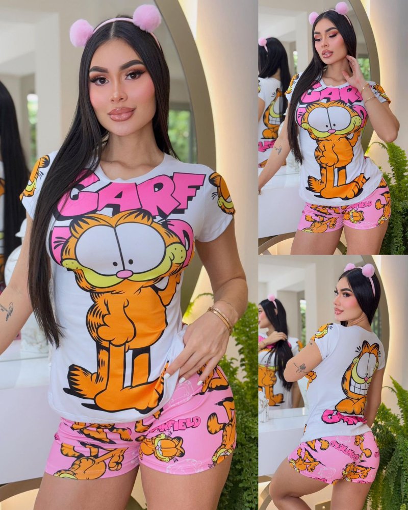 Pijama Short Buso Garfield en Piel de Durazno