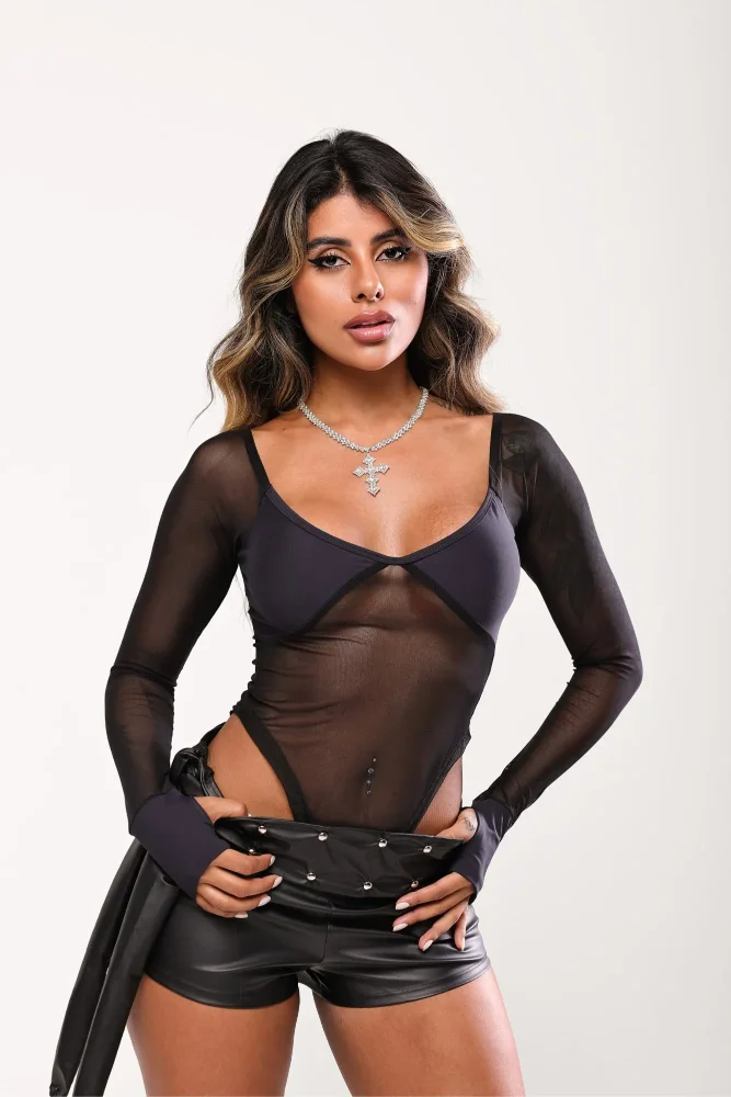 Body Lally Tule Com Poliamida Preto