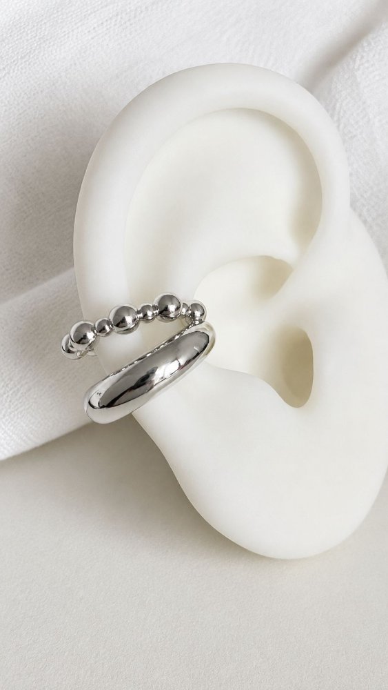 Earcuff plateado doble con bolitas - 1240