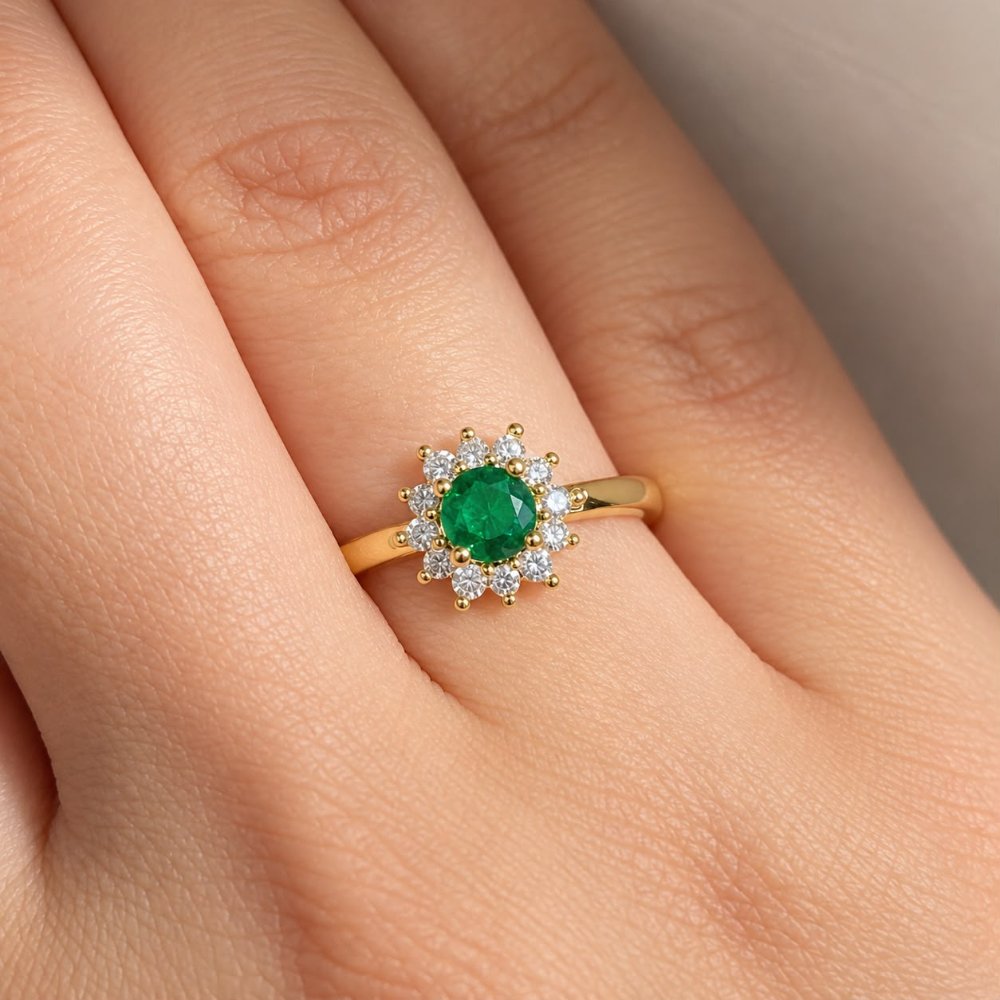 Anillo dorado zircón verde - 953