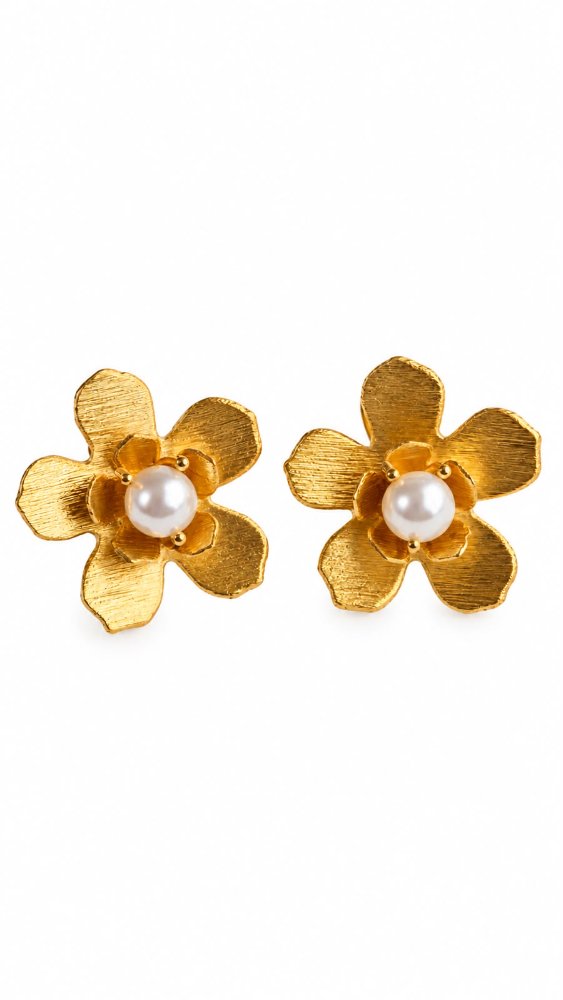 Aretes medianos flor de loto con perla - baño en oro 24k - 1005 - 1301